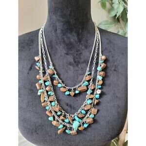 Women's Multi-Strand Turquoise and Brown Stone Necklace Silver Chain